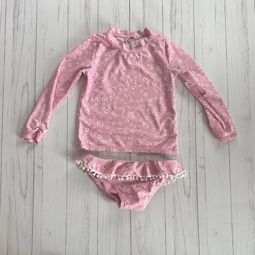 Pink Floral Long-Sleeve Girls Rash Guard Swim Set